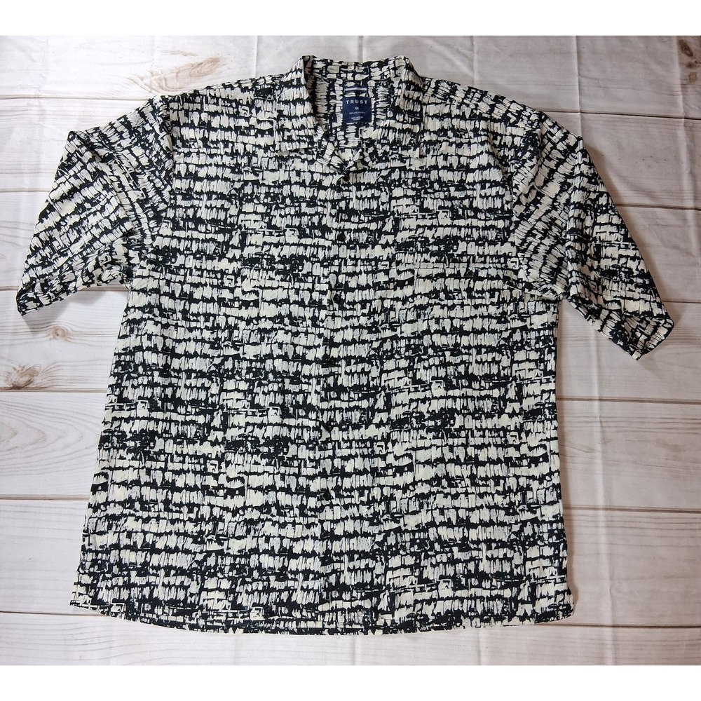TRUST Mens 5X Black White Abstract Print Short Sleeve Camp Shirt Button Up 5XL